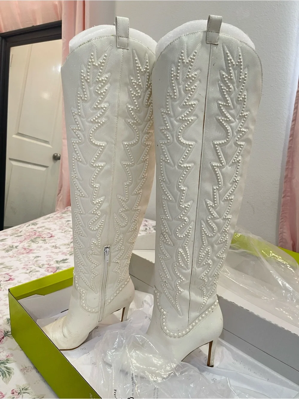 Gianni Bini White Pearl-Trim Over-the-Knee Heeled Boots